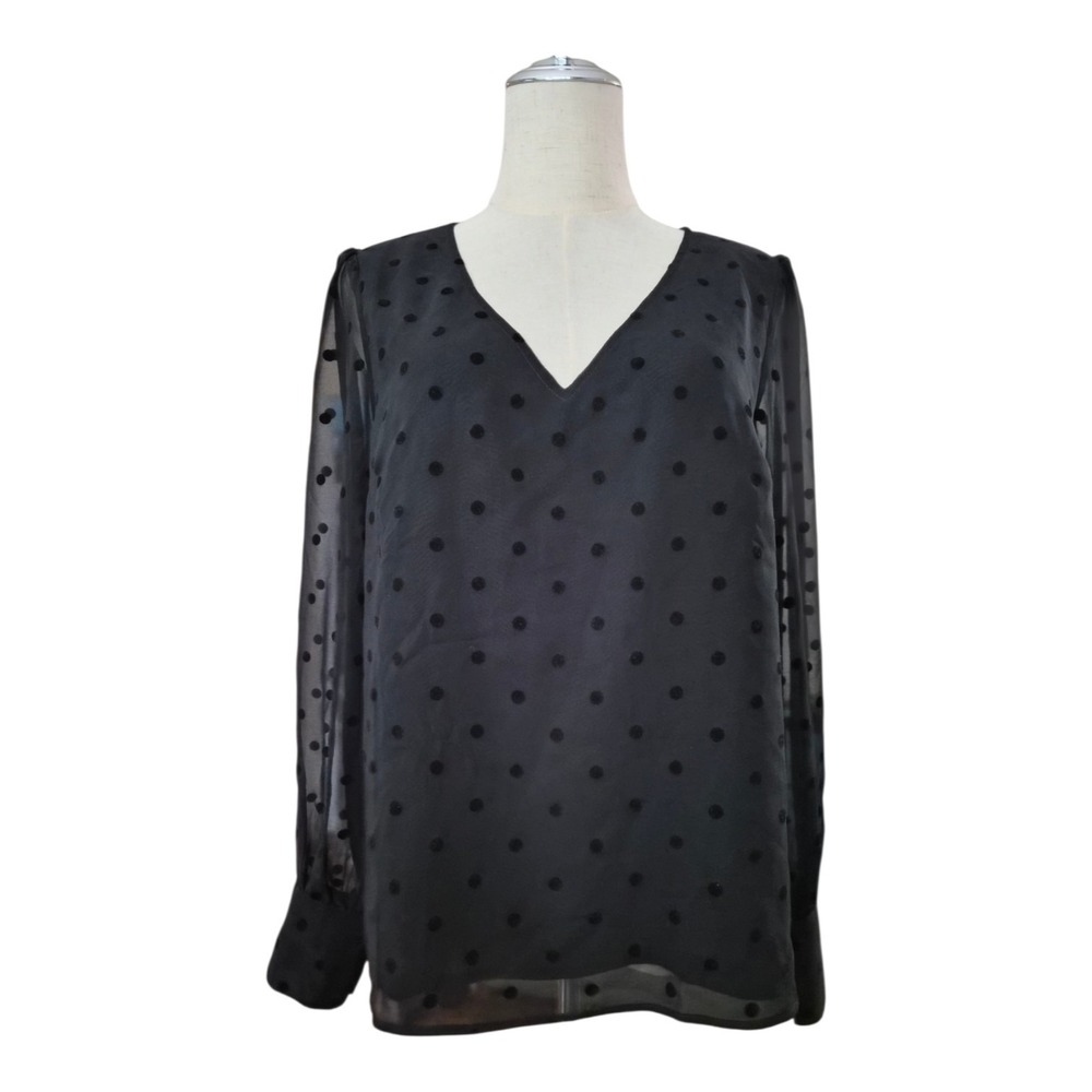 J.Crew Black Flocked Polka Dot Chiffon Blouse M Sheer Sleeve V Neck NWT